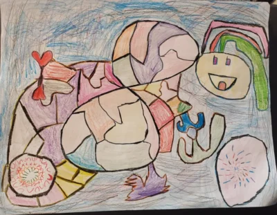 رسم تجريدي ملون يتميز بأشكال غير منتظمة مملوءة بظلال الباستيل من اللون الوردي والأرجواني والأخضر. وجه مبتسم وقوس قزح يضيفان لمسة مرحة ومبهجة.